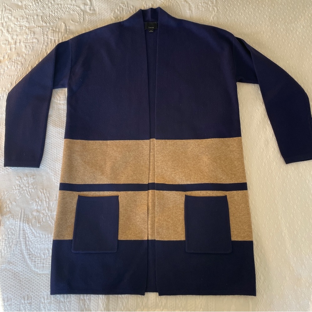 TIMELESS SWEATER/COAT Lumiere Navy & Camel Colorblock Open Cardigan with pockets
